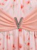 Plus Size Flower Print Ruffles Ruched V Buckle Ribbed Textured Tulip Hem Asymmetrical 2 In 1 Blouse -  