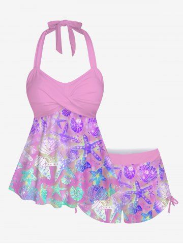 Glitter Ombre Starfish Shell Conch Print Twist Backless Halter Cinched Boyleg Tankini Swimsuit - LIGHT PINK - S