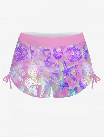 Glitter Ombre Starfish Shell Conch Print Twist Backless Halter Cinched Boyleg Tankini Swimsuit
