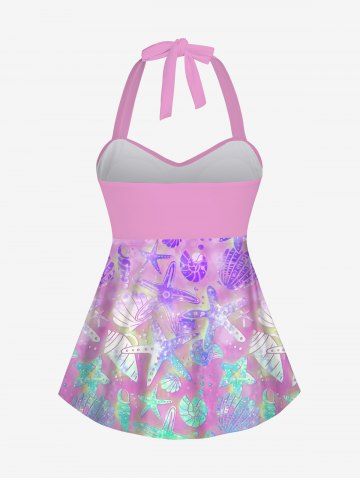 Glitter Ombre Starfish Shell Conch Print Twist Backless Halter Cinched Boyleg Tankini Swimsuit