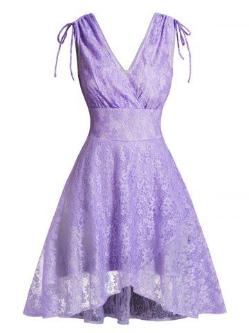 Flower Lace Surplice Plunging Neck Cinched High Waist Dress - LIGHT PURPLE - XL