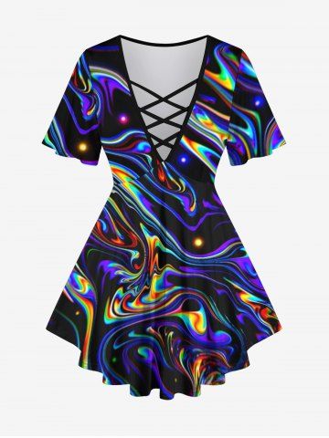 Plus Size Glitter Light Beam Watercolor Striped Print Lattice Short Sleeves T-shirt - BLACK - 6X