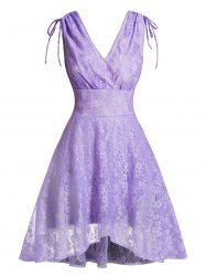 Robe Plissée Superposée Fleur en Dentelle à Taille Haute à Col Plongeant - Violet clair S