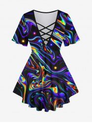 Plus Size Glitter Light Beam Watercolor Striped Print Lattice Short Sleeves T-shirt -  