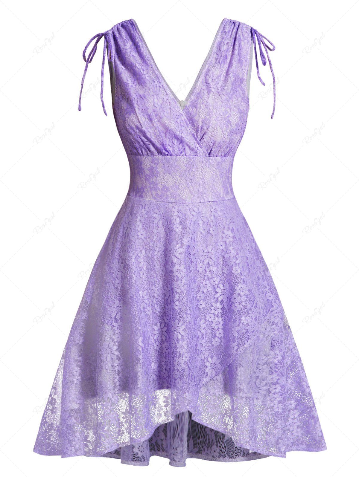 Latest Flower Lace Surplice Plunging Neck Cinched High Waist Dress  