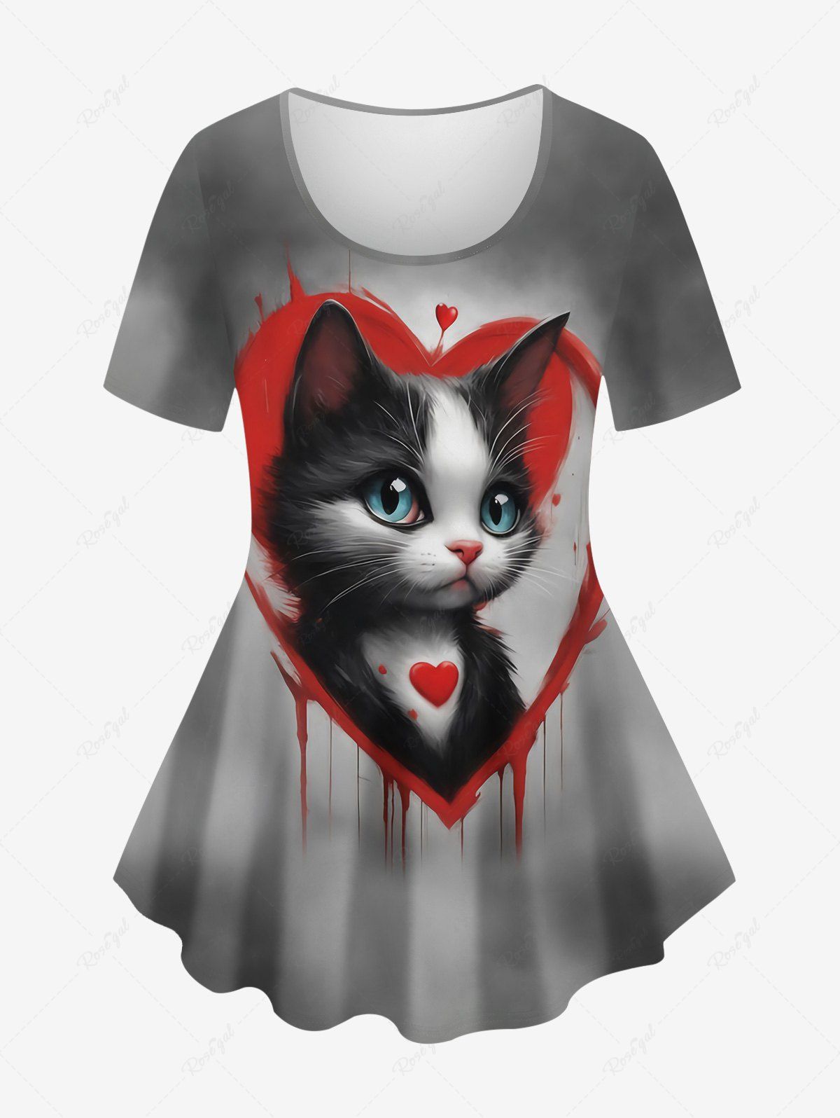 Unique Plus Size Bloody Heart Fluffy Cat Ombre Tie Dye Print Valentines Short Sleeves T-shirt  