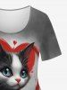 T-shirt Ombre à Imprimé Chat 3D Tie-Dye à Manches Courtes Grande Taille - Gris 6X