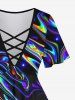 Plus Size Glitter Light Beam Watercolor Striped Print Lattice Short Sleeves T-shirt -  