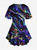 Plus Size Glitter Light Beam Watercolor Striped Print Lattice Short Sleeves T-shirt -  