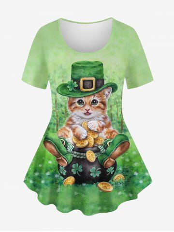 Plus Size St. Patrick's Day Leaf Clover Hat Cat Print T-shirt - GREEN - XS