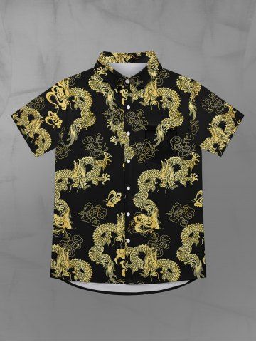Gothic Dragon Auspicious Cloud Print Button Down Shirt For Men - BLACK - S