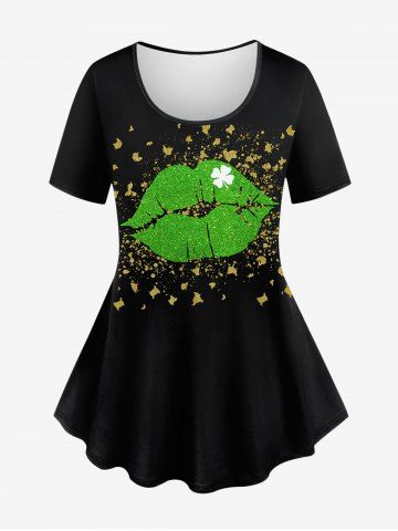 Plus Size St. Patrick's Day Leaf Clover Lip Paint Splatter Print T-shirt - BLACK - XS