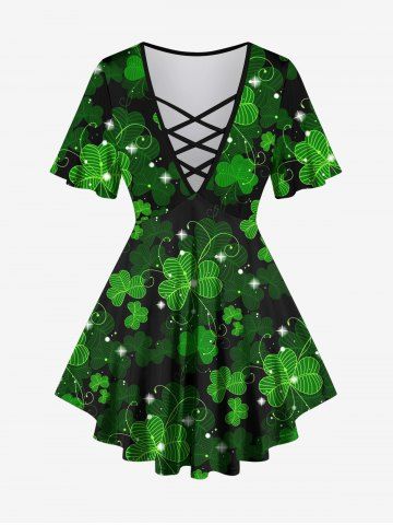 Plus Size St. Patrick's Day Clover Leaf Glitter 3D Print Lattice Crisscross Flare Short Sleeve T-shirt