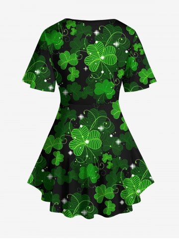Plus Size St. Patrick's Day Clover Leaf Glitter 3D Print Lattice Crisscross Flare Short Sleeve T-shirt
