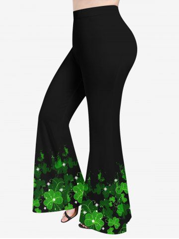 Plus Size St. Patrick's Day Leaf Clover Glitter 3D Print Flare Pants - BLACK - L