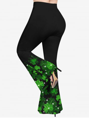 Plus Size St. Patrick's Day Leaf Clover Glitter 3D Print Flare Pants