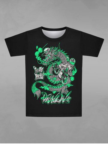 Gothic Dragon Hat Skull Letter Chinese Character Print T-shirt For Men - BLACK - 3XL
