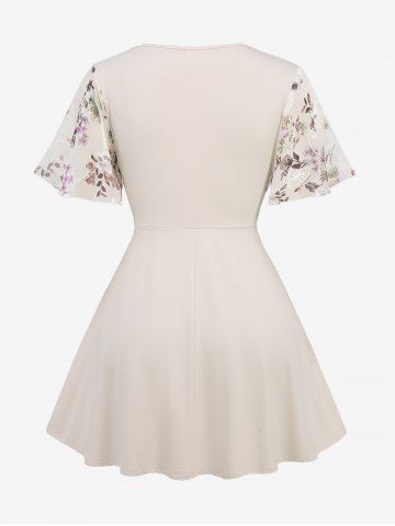 Plus Size Flutter Sleeves Colorful Floral Embroidered Ruffles Layered Lace Trim 2 in 1 Chiffon Belted Top