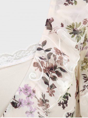 Plus Size Flutter Sleeves Colorful Floral Embroidered Ruffles Layered Lace Trim 2 in 1 Chiffon Belted Top
