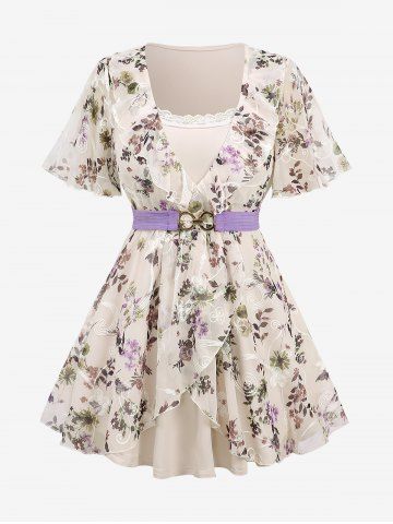 Plus Size Flutter Sleeves Colorful Floral Embroidered Ruffles Layered Lace Trim 2 in 1 Chiffon Belted Top