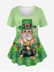 Plus Size St. Patrick's Day Leaf Clover Hat Cat Print T-shirt -  