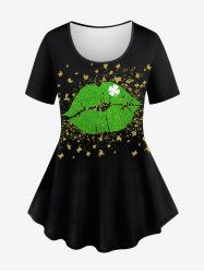 Plus Size St. Patrick's Day Leaf Clover Lip Paint Splatter Print T-shirt -  