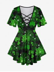 Plus Size St. Patrick's Day Clover Leaf Glitter 3D Print Lattice Crisscross Flare Short Sleeve T-shirt -  