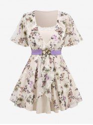Plus Size Flutter Sleeves Colorful Floral Embroidered Ruffles Layered Lace Trim 2 in 1 Chiffon Belted Top -  