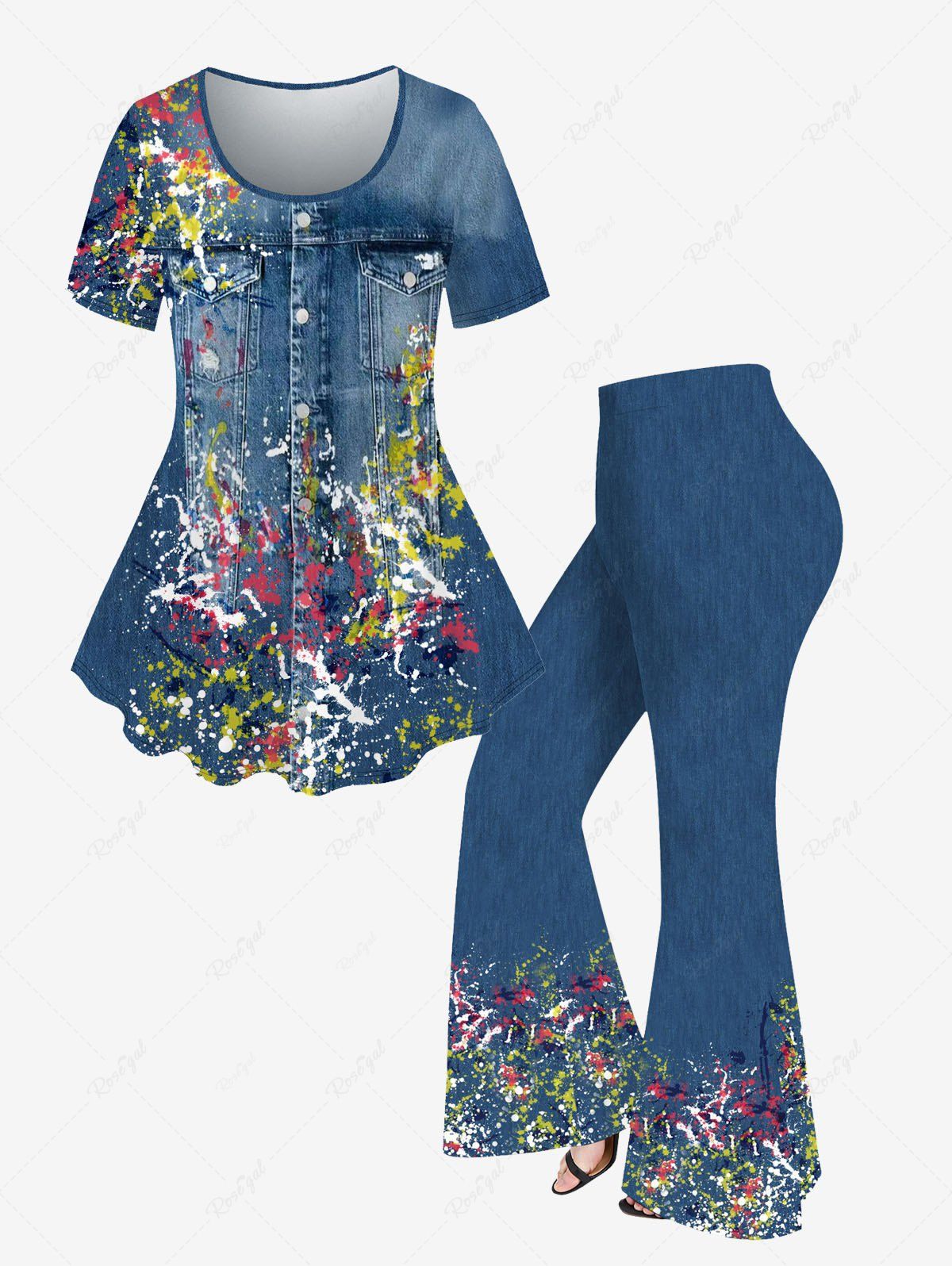 Best Paint Splatter Pockets Buttons Denim 3D Printed T-shirt and Flare Pants Plus Size Matching Set  