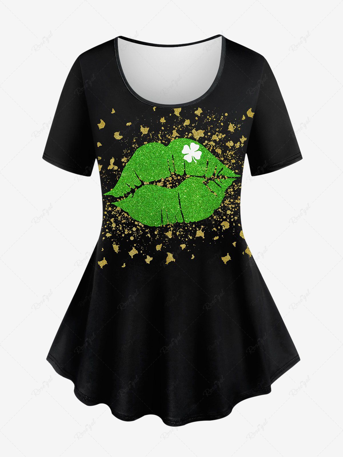 Fancy Plus Size St. Patrick's Day Leaf Clover Lip Paint Splatter Print T-shirt  