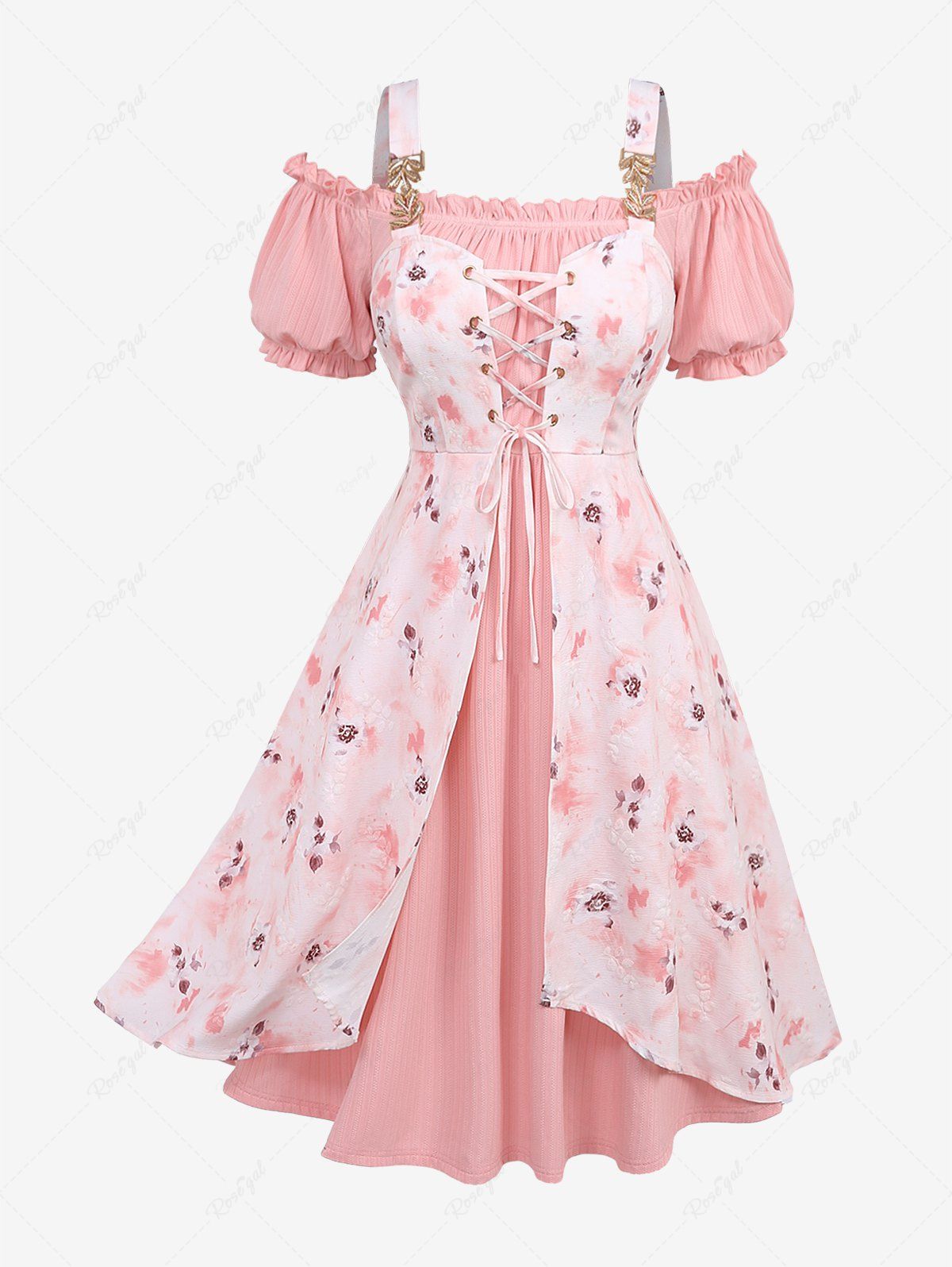 Store Plus Size Puff Sleeves Off The Shoulder Glitter Leaf Buckle Ombre Tie Dye Floral Jacquard Embossed Textured Lace Up Layered A Line Dress  