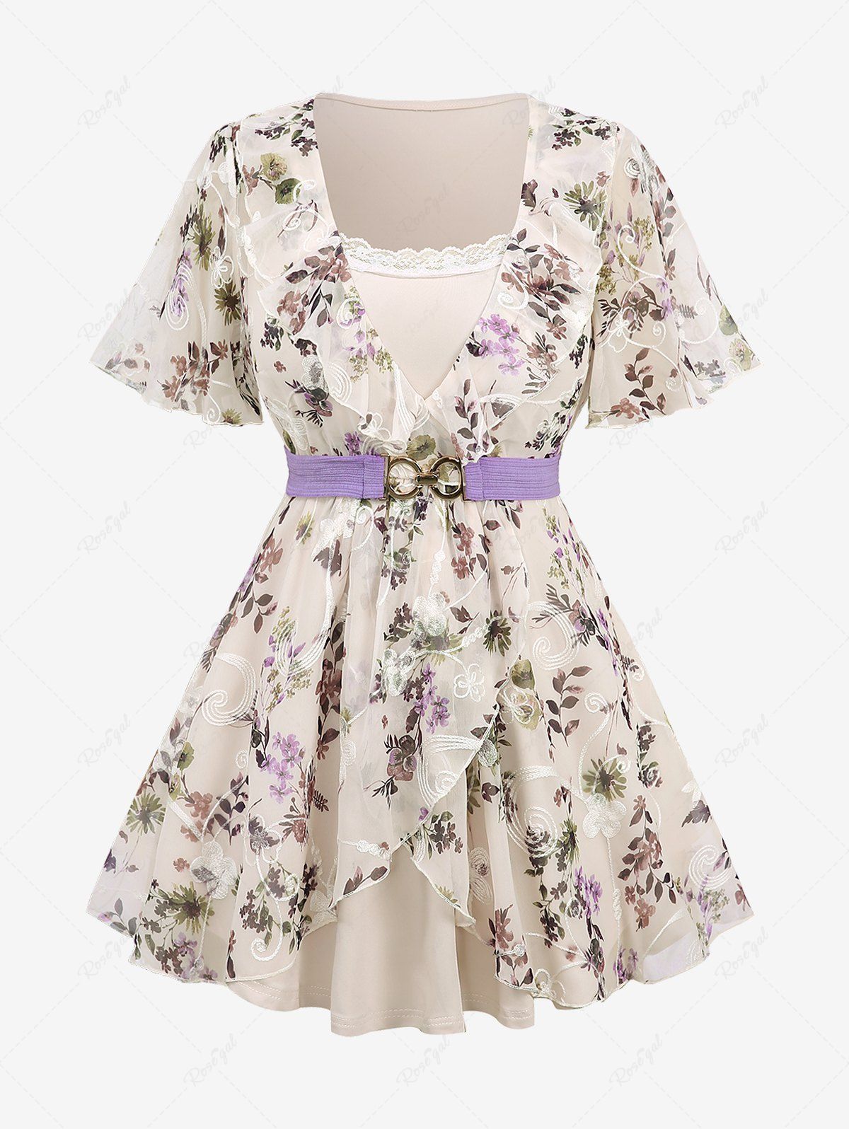 Online Plus Size Flutter Sleeves Colorful Floral Embroidered Ruffles Layered Lace Trim 2 in 1 Chiffon Belted Top  