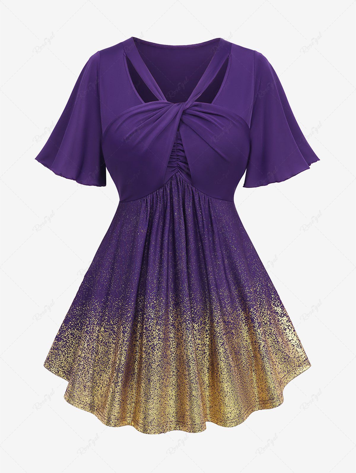 Online Plus Size Ombre Colorblock Hot Stamping Sparkling Sequin Twist Ruched Top  