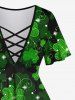 Plus Size St. Patrick's Day Clover Leaf Glitter 3D Print Lattice Crisscross Flare Short Sleeve T-shirt -  