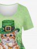 Plus Size St. Patrick's Day Leaf Clover Hat Cat Print T-shirt -  