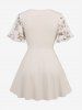 Plus Size Flutter Sleeves Colorful Floral Embroidered Ruffles Layered Lace Trim 2 in 1 Chiffon Belted Top -  