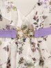 Plus Size Flutter Sleeves Colorful Floral Embroidered Ruffles Layered Lace Trim 2 in 1 Chiffon Belted Top -  