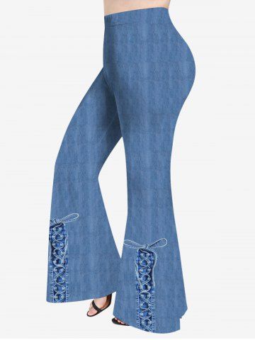 Plus Size Lace Up Bowknot Denim 3D Print Flare Pants - BLUE GRAY - 2X
