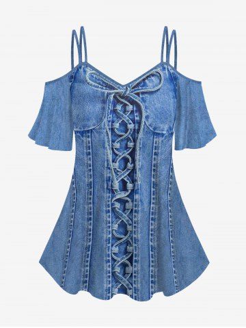 Plus Size Lace Up Bowknot Denim 3D Print Cold Shoulder T-shirt - BLUE GRAY - 1X