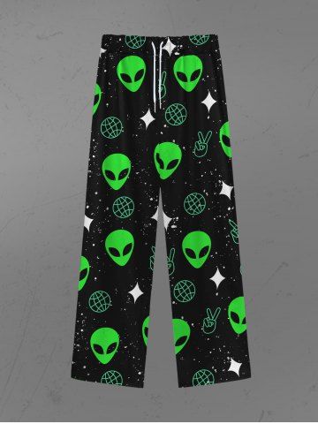 Gothic Skulls Alien Star Planet Print Drawstring Wide Leg Sweatpants For Men - BLACK - 6XL