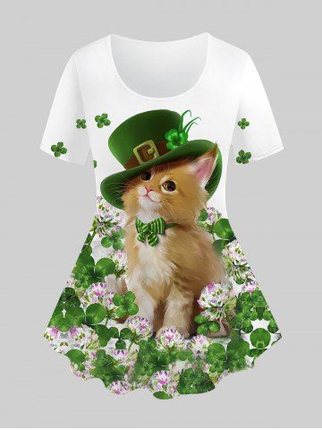Plus Size Cute Cat Hat Lucky Four Leaf Clover Flower Print St. Patrick's Day T-shirt