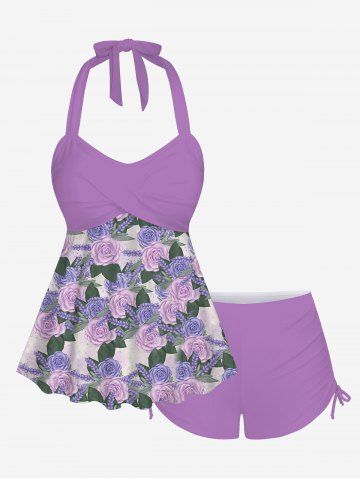 Fashion Lavender Rose Flower Leaf Print Twist Halter Backless Cinched Boyleg Tankini Swimsuit - PURPLE - 1X