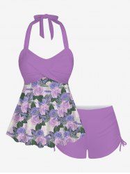 Fashion Lavender Rose Flower Leaf Print Twist Halter Backless Cinched Boyleg Tankini Swimsuit -  