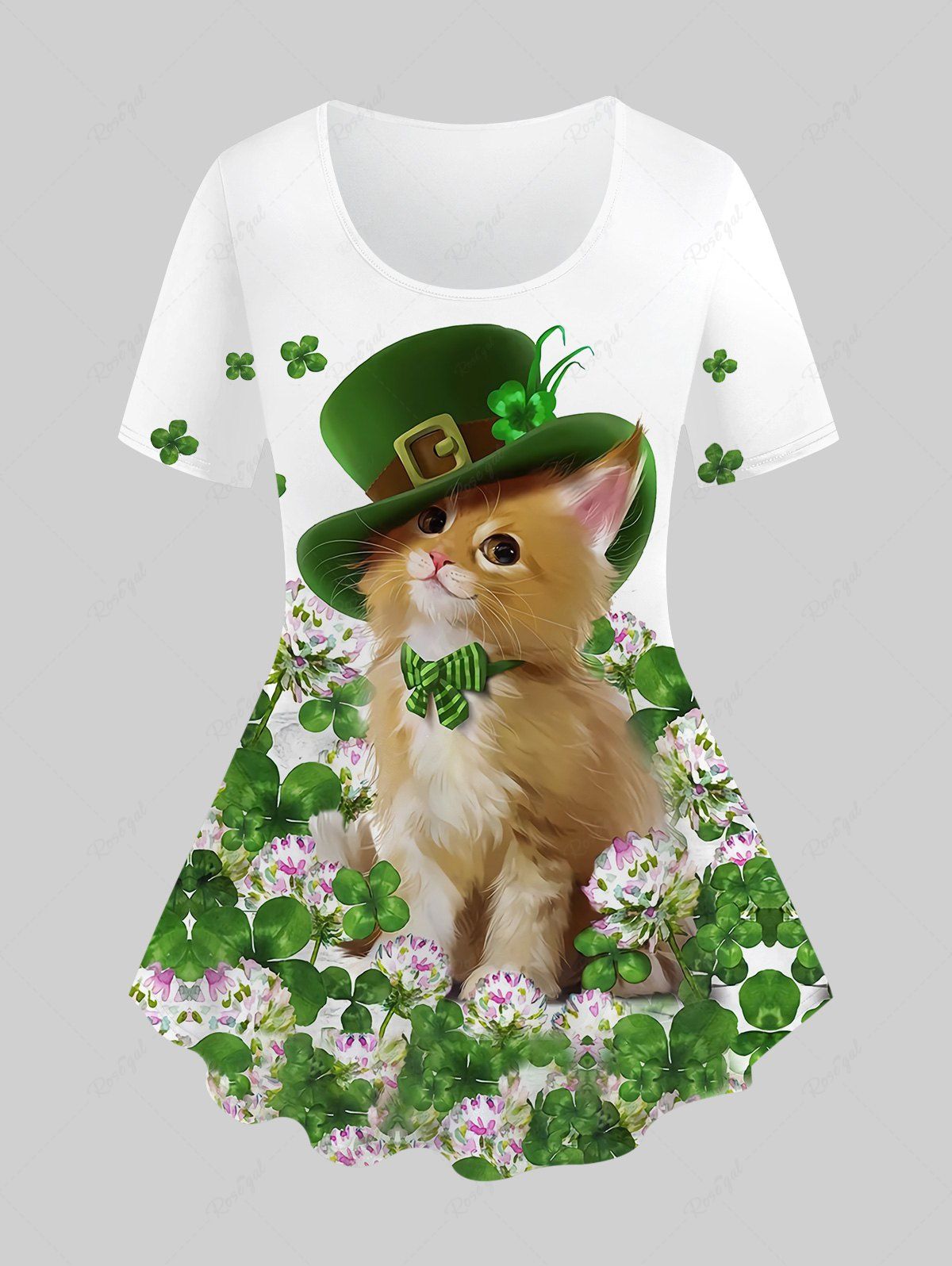 Sale Plus Size Cute Cat Hat Lucky Four Leaf Clover Flower Print St. Patrick's Day T-shirt  