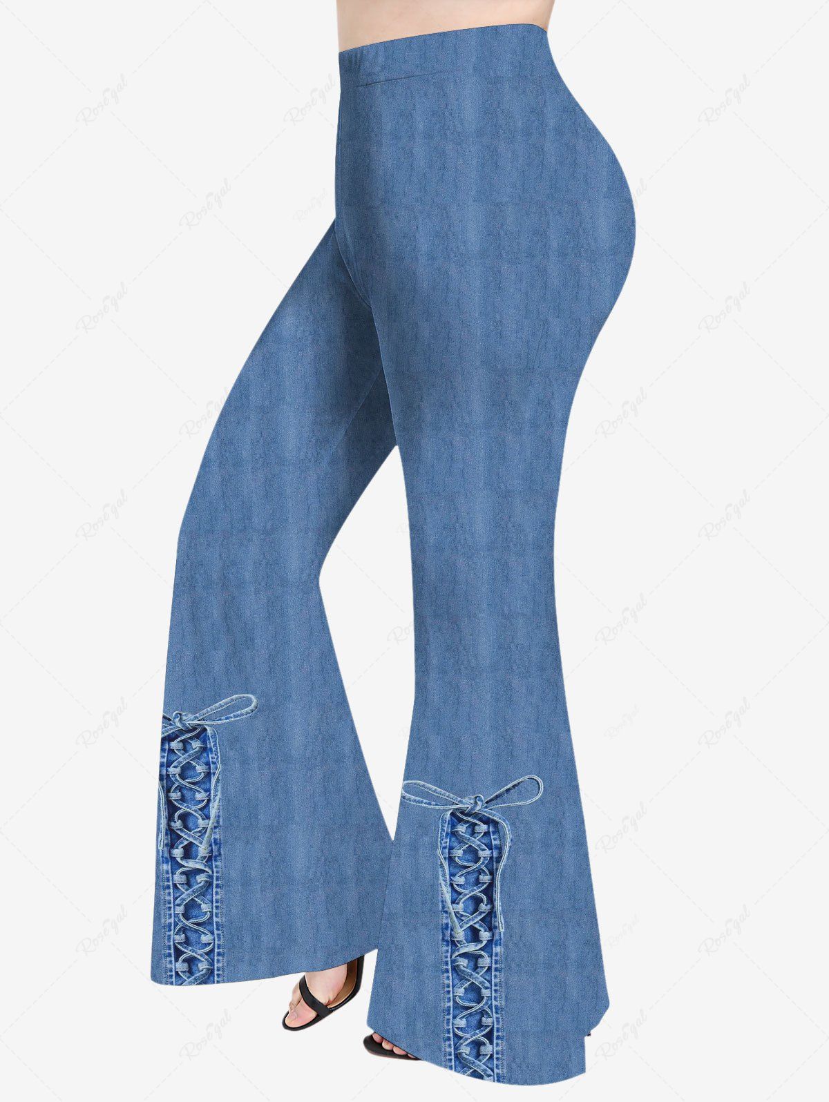 New Plus Size Lace Up Bowknot Denim 3D Print Flare Pants  