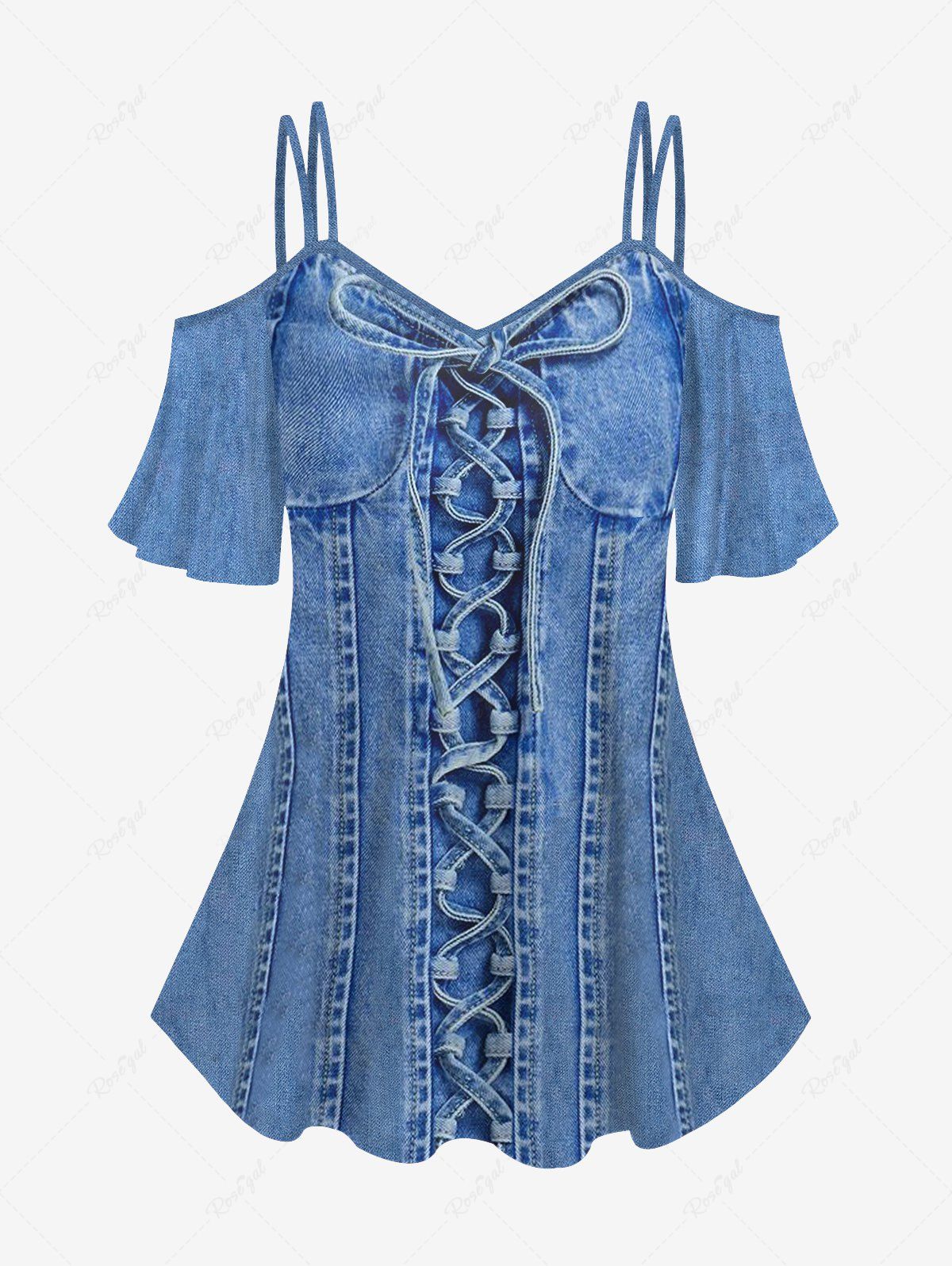 T-shirt à Epaule Dénudée 3D Nœud Papillon Imprimé en Denim de Grande Taille à Lacets Bleu-gris L