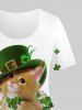 Plus Size Cute Cat Hat Lucky Four Leaf Clover Flower Print St. Patrick's Day T-shirt -  