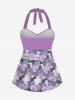 Fashion Lavender Rose Flower Leaf Print Twist Halter Backless Cinched Boyleg Tankini Swimsuit -  