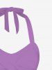 Fashion Lavender Rose Flower Leaf Print Twist Halter Backless Cinched Boyleg Tankini Swimsuit -  