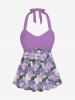 Fashion Lavender Rose Flower Leaf Print Twist Halter Backless Cinched Boyleg Tankini Swimsuit -  